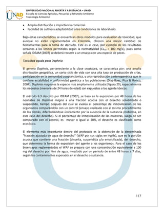 117
UNIVERSIDAD NACIONAL ABIERTA Y A DISTANCIA – UNAD
Escuela de Ciencias Agrícolas, Pecuarias y del Medio Ambiente
Toxicología Ambiental
 Amplia distribución e importancia comercial.
 Facilidad de cultivo y adaptabilidad a las condiciones de laboratorio.
Bajo estas características se encuentran otros modelos para evaluación de toxicidad, que
aunque no están reglamentados en Colombia, ofrecen una mayor cantidad de
herramientas para la toma de decisión. Este es el caso, por ejemplo de los resultados
cercanos a los límites permitidos según la normatividad (CL50 = 100 mg/L), pues como
señala IDEAM (2007) se deberá recurrir a un ensayo con una especie de peces.
Toxicidad aguda para Daphnia
El género Daphnia, perteneciente a la clase crustácea, se caracteriza por: una amplia
distribución geográfica, un corto ciclo de vida con una alta tasa de producción de crías,
participación en la comunidad zooplanctonica, y una reproducción partenogenética que le
confiere estabilidad y uniformidad genética a las poblaciones (Diaz-Baez, Pica & Ronco,
2004). Daphnia magna es la especie más ampliamente utilizada (Figura 29), especialmente
los neonatos (menores de 24 horas de edad) son expuestos a los agente tóxicos.
El método 6.3 descrito por IDEAM (2007), se basa en la exposición por 48 horas de los
neonatos de Daphnia magna a una fracción acuosa con el desecho solubilizado o
suspendido, tiempo después del cual se evalúa el porcentaje de inmovilización de los
organismos comparándolo con un control (ensayo realizado con el mismo procedimiento
de los demás, diferenciándose únicamente por la ausencia de la sustancia problema, en
este caso del desecho). Si el porcentaje de inmovilización de las muestras, luego de ser
comparado con el control, es mayor o igual al 50%, el desecho es clasificado como
ecotóxico.
El elemento más importante dentro del protocolo es la obtención de la denominada
“fracción ajustada de agua de desecho” (WAF por sus siglas en inglés), que es la porción
acuosa que contiene una fracción (disuelta, suspendida y/o emulsificada), del desecho,
que determina la forma de exposición del agente a los organismos. Para el caso de los
bioensayos reglamentados el WAF se prepara con una concentración equivalente a 100
mg del desecho por litro de agua, mezclado por un periodo de entre 48 horas a 7 días,
según los contaminantes esperados en el desecho o sustancia.
 