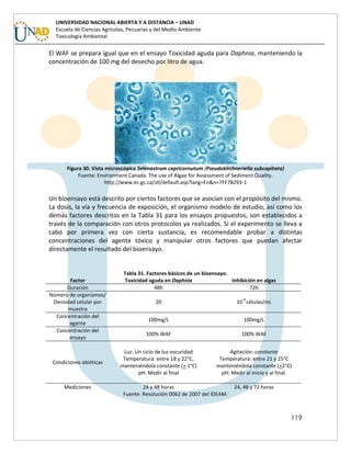 119
UNIVERSIDAD NACIONAL ABIERTA Y A DISTANCIA – UNAD
Escuela de Ciencias Agrícolas, Pecuarias y del Medio Ambiente
Toxicología Ambiental
El WAF se prepara igual que en el ensayo Toxicidad aguda para Daphnia, manteniendo la
concentración de 100 mg del desecho por litro de agua.
Figura 30. Vista microscópica Selenastrum capricornutum (Pseudokirchneriella subcapitata)
Fuente: Environment Canada. The use of Algae for Assessment of Sediment Quality.
http://www.ec.gc.ca/stl/default.asp?lang=En&n=7FF7B293-1
Un bioensayo está descrito por ciertos factores que se asocian con el propósito del mismo.
La dosis, la vía y frecuencia de exposición, el organismo modelo de estudio, así como los
demás factores descritos en la Tabla 31 para los ensayos propuestos, son establecidos a
través de la comparación con otros protocolos ya realizados. Si el experimento se lleva a
cabo por primera vez con cierta sustancia, es recomendable probar a distintas
concentraciones del agente tóxico y manipular otros factores que puedan afectar
directamente el resultado del bioensayo.
Tabla 31. Factores básicos de un bioensayo.
Factor Toxicidad aguda en Daphnia Inhibición en algas
Duración 48h 72h
Número de organismos/
Densidad celular por
muestra
20 10
-4
células/mL
Concentración del
agente
100mg/L 100mg/L
Concentración del
ensayo
100% WAF 100% WAF
Condiciones abióticas
Luz: Un ciclo de luz-oscuridad
Temperatura: entre 18 y 22°C,
manteniéndola constante (+ 1°C)
pH: Medir al final
Agitación: constante
Temperatura: entre 21 y 25°C
manteniéndola constante (+2°C)
pH: Medir al inicio y al final.
Mediciones 24 y 48 horas 24, 48 y 72 horas
Fuente: Resolución 0062 de 2007 del IDEAM.
 