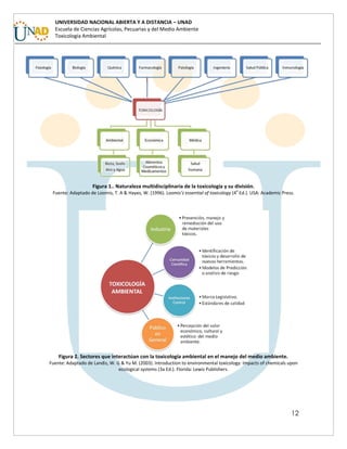 12
UNIVERSIDAD NACIONAL ABIERTA Y A DISTANCIA – UNAD
Escuela de Ciencias Agrícolas, Pecuarias y del Medio Ambiente
Toxicología Ambiental
Figura 1.. Naturaleza multidisciplinaria de la toxicología y su división.
Fuente: Adaptado de Loomis, T. A & Hayes, W. (1996). Loomis’s essential of toxicology (4
a
Ed.). USA: Academic Press.
Figura 2. Sectores que interactúan con la toxicología ambiental en el manejo del medio ambiente.
Fuente: Adaptado de Landis, W. G & Yu M. (2003). Introduction to environmental toxicology: Impacts of chemicals upon
ecological systems (3a Ed.). Florida: Lewis Publishers.
 