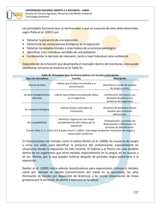 127
UNIVERSIDAD NACIONAL ABIERTA Y A DISTANCIA – UNAD
Escuela de Ciencias Agrícolas, Pecuarias y del Medio Ambiente
Toxicología Ambiental
Las principales funciones que un biomarcador o que un conjunto de ellos debe desarrollar,
según Peña et al. (2001) son:
 Detectar la presencia de una exposición
 Determinar las consecuencias biológicas de la exposición
 Detectar los estados iniciales e intermedios de un proceso patológico
 Identificar a los individuos sensibles de una población
 Fundamentar la decisión de intervenir, tanto a nivel individual como ambiental
Dependiendo de la función que desempeña el marcador dentro del monitoreo, éste puede
clasificarse, tal como se muestra en la Tabla 35.
Tabla 35. Principales tipos de biomarcadores con función y descripción.
Tipos de marcadores Función Descripción
Interno de dosis
Indican que el tóxico ha entrado y su
concentración
Dosimetría a través de pruebas
de sangre u orina.
de dosis biológicamente
efectivas
Indican que el tóxico ha producido daños
en el organismo
Combinación del tóxico o sus
derivados bioactivos con
proteínas del organismo
de respuesta biológica
Indican estados avanzados de
intoxicación
Presencia de derivados tóxicos
estables que ocasionan
alteraciones.
de susceptibilidad
Identificar organismos con mayor
probabilidad de sufrir daños por la
exposición
Predisposición a procesos de
bioactivación o deficiencias en
procesos de detoxificación.
Fuente: Peña, C. E., Carter D.E & Ayala-Fierro F. (2001). Toxicologia Ambiental: Evaluación de riesgos y
restauración ambiental.
En intoxicaciones con metales, como lo señala Donkin et al. (2000), las muestras de sangre
y orina son útiles para identificar la presencia del contaminante, especialmente en
situaciones donde la exposición ha sido reciente. El Cadmio y el Plomo son más estables
dentro de los organismos que otros metales, especialmente en la sangre, en los huesos y
en los riñones, por lo que pueden hallarse después de periodos largos posteriores a la
exposición.
Donkin et al. (2000) indica además bioindicadores para exposiciones crónicas a metales,
como por ejemplo el cabello (concentración del metal en la queratina), las uñas
(formación de bandas por deposición de Arsénico), y las encías (observación de líneas
grisáceas por la secreción de plomo y mercurio en la saliva).
 