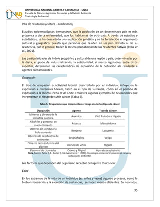 35
UNIVERSIDAD NACIONAL ABIERTA Y A DISTANCIA – UNAD
Escuela de Ciencias Agrícolas, Pecuarias y del Medio Ambiente
Toxicología Ambiental
País de residencia (cultura – tradiciones)
Estudios epidemiológicos demuestran, que la población de un determinado país es más
propensa a cierta enfermedad, que los habitantes de otro país. A través de estudios y
estadísticas, se ha descartado una explicación genética y se ha fortalecido el argumento
cultural y geográfico, puesto que personas que residen en un país distinto al de su
residencia, por lo general, tienen la misma probabilidad de los residentes nativos (Peña et
al., 2001).
Las particularidades de índole geográfico y cultural de una región o país, determinadas por
la dieta, el grado de industrialización, la cotidianidad, el marco legislativo, entre otros
aspectos, determinan las características de exposición de la población allí residente a
agentes contaminantes.
Ocupación
El tipo de ocupación o actividad laboral desarrollada por el individuo, influye en la
exposición a materiales tóxicos, tanto en el tipo de sustancia, como en el periodo de
exposición a la misma. Peña et al. (2001) muestra algunos ejemplos de ocupaciones que
incrementan el riesgo de sufrir cáncer (Tabla 5).
Tabla 5. Ocupaciones que incrementan el riesgo de ciertos tipos de cáncer
Nota. Fuente: Peña, C. E., Carter D.E & Ayala-Fierro F. (2001). Toxicología ambiental: Evaluación de riesgos y
restauración ambiental.
Los factores que dependen del organismo receptor del agente tóxico son:
Edad
En los extremos de la vida de un individuo (ej. niñez y vejez) algunos procesos, como la
biotransformación y la excreción de sustancias, se hacen menos eficientes. En neonatos,
 
