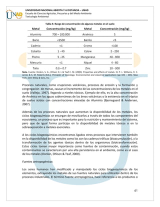 61
UNIVERSIDAD NACIONAL ABIERTA Y A DISTANCIA – UNAD
Escuela de Ciencias Agrícolas, Pecuarias y del Medio Ambiente
Toxicología Ambiental
Tabla 9. Rango de concentración de algunos metales en el suelo
Nota. Fuente: Donkin, S. G., Ohlson D. L & Teaf C. M. (2000). Properties and effects of metals. En P. L. Williams, R. C.
James & S. M. Roberts (Eds.), Principles of toxicology: Environmental and industrial applications (pp 325 – 345). New
York: John Wiley & Sons, Inc.
Procesos naturales, como erupciones volcánicas, procesos de erosión y la formación y
congregación de menas, causan el incremento de las concentraciones de los metales en el
suelo (Vallejo, 1997), llegando a niveles tóxicos. Ejemplo de ello, es la alta concentración
de Arsénico en las aguas subterráneas de las áreas volcánicas y la existencia en el trópico
de suelos ácidos con concentraciones elevadas de Aluminio (Bjerregaard & Andersen,
2007).
Además de los procesos naturales que aumentan la disponibilidad de los metales, los
ciclos biogeoquímicos se encargan de movilizarlos a través de todos los componentes del
ecosistema, un proceso que es importante para la nutrición y mantenimiento del sistema,
pero que de igual forma participa en la disponibilidad de metales tóxicos o en la
sobreexposición a metales esenciales.
A los ciclos biogeoquímicos encontramos ligados otros procesos que intervienen también
en la disponibilidad de los metales como los son las cadenas tróficas (bioacumulación), y la
transformación de los agentes tóxicos dentro de los organismos (biotransformación).
Estos ciclos toman mayor importancia como fuentes de contaminación, cuando estos
contaminantes se caracterizan por una alta persistencia en al ambiente, como es el caso
de los metales (Donkin, Ohlson & Teaf, 2000).
Fuentes antropogénicas
Los seres humanos han modificado y manipulado los ciclos biogeoquímicos de los
elementos, extrayendo los metales de sus fuentes naturales para utilizarlos dentro de los
procesos industriales. El término fuente antropogénica, hace referencia a los productos o
 
