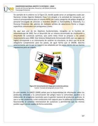 87
UNIVERSIDAD NACIONAL ABIERTA Y A DISTANCIA – UNAD
Escuela de Ciencias Agrícolas, Pecuarias y del Medio Ambiente
Toxicología Ambiental
Un ejemplo de lo anterior es la Figura 23, donde puede verse un pictograma usado por
Naciones Unidas (Agente Oxidante Clase 5.1) dirigido a la actividad de transporte, así
como el correspondiente para el sistema NFPA con cuatro categorías de peligro dirigido al
personal encargado de atención a incendios (Health 2, Flammability 0, Reactivity 3 y
Personal Protection W), además de múltiples señales de advertencia frente a riesgos
específicos comunicados con pictogramas y texto.
De aquí que uno de los objetivos fundamentales, recogidos en la Cumbre de
Johannesburgo de 2002, fue el desarrollo de un sistema Armonizado de clasificación y
etiquetado de sustancias químicas, que como meta inicial se propuso a los países
implementarlo para 2008. Este Sistema Globalmente Armonizado (GHS, por sus siglas en
inglés) corresponde a un instrumento de carácter no vinculante, es decir que no es de
obligatorio cumplimiento para los países, de igual forma que el SAICM, descrito
anteriormente, por lo que se requiere sea adoptado por los países dentro de sus marcos
regulatorios para ser exigido.
Figura 23. Comunicación de riesgo para sustancias qímicas
Fuente: Tomada de Serigraphic Screen Print.
En este sentido, la UNECE (2009) señala que la disponibilidad de información sobre los
productos, enfocado a la comunicación del peligro hacia la comunidad, ayudará a la
elaboración de programas nacionales para la gestión racional de productos químicos, lo
que a su vez conducirá a unas condiciones más seguras para la población y el ambiente,
favoreciendo el comercio internacional de sustancias y permitiendo que las mismas
puedan seguir siendo usadas de forma sostenible.
 