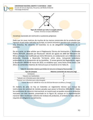 93
UNIVERSIDAD NACIONAL ABIERTA Y A DISTANCIA – UNAD
Escuela de Ciencias Agrícolas, Pecuarias y del Medio Ambiente
Toxicología Ambiental
Figura 26. Símbolo que indica la recogida selectiva
Fuentes: Directiva Europea 2006/66/CE
Iniciativas nacionales de restricción a sustancias peligrosas
Dado que las casas matrices de muchas de las marcas comerciales de los productos que
ingresan al país están radicadas en Europa, es común encontrar aparatos que cumplen con
esta Directiva. No obstante, en Colombia no es de obligatorio cumplimiento en su
conjunto.
De otra parte, se debe señalar que el Reglamento Técnico de Iluminación y Alumbrado
Público RETILAP, adoptado por Resolución 181331 de agosto de 2009 del Ministerio de
Minas y Energía, fue modificado por dicho Ministerio, en colaboración con el Ministerio de
Ambiente, Vivienda y Desarrollo Territorial, entre otros, incluyendo estándares
ambientales en la composición de las bombillas. El anexo general del Reglamento, según
la Resolución 180540 de marzo de 2010, se establece que, como fecha límite Enero 1 de
2013, los contenidos máximos de mercurio que se muestran en la Tabla 25.
Tabla 25. Contenidos máximos permitidos de mercurio en lámparas fluorescentes.
Fuente: Resolución 180540 de marzo de 2010 del Ministerio de Minas y Energía.
En materia de pilas no hay en Colombia un reglamento técnico que incluya las
restricciones de cantidad de metales pesados que posee la Directiva 2006/66/CE. Dadas
las condiciones de comercio internacional, en nuestro país se pueden encontrar productos
marcados con éste símbolo, presentado en la Figura 26, aunque en la reglamentación
nacional sobre recolección selectiva de residuos de productos, el símbolo no haya sido un
requisito de obligatorio cumplimiento.
 
