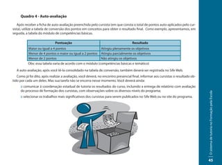 Quadro 4 - Auto-avaliação

   Após receber a ficha de auto-avaliação preenchida pelo cursista (em que consta o total de pontos auto-aplicados pelo cur-
sista), utilize a tabela de conversão dos pontos em conceitos para obter o resultado final. Como exemplo, apresentamos, em
seguida, a tabela do módulo de competências básicas.

                              Pontuação                                             Resultado
          Maior ou igual a 4 pontos                       Atingiu plenamente os objetivos
          Menor de 4 pontos e maior ou igual a 2 pontos Atingiu parcialmente os objetivos
          Menor de 2 pontos                               Não atingiu os objetivos
          Obs: essa tabela varia de acordo com o módulo (competências básicas e temático)
  A auto-avaliação, após você tê-la consolidado na tabela de conversão, também deverá ser registrada no Sife Web.
   Como já foi dito, após realizar a avaliação, você deverá, no encontro presencial final, informar aos cursistas o resultado ob-
tido por cada um deles. Mas sua tarefa não se encerra nesse momento. Você deverá ainda:
     :: comunicar à coordenação estadual de tutoria os resultados do curso, incluindo a entrega de relatório com avaliação
     do processo de formação dos cursistas, com observações sobre os diversos níveis do programa;




                                                                                                                                    O sistema de tutoria no Formação pela Escola
     :: selecionar os trabalhos mais significativos dos cursistas para serem publicados no Sife Web ou no site do programa.




                                                                                                                                    45
 