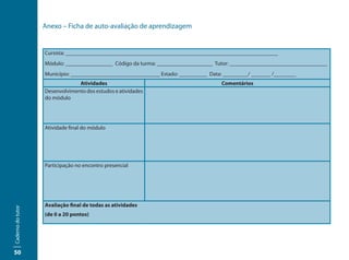 Anexo – Ficha de auto-avaliação de aprendizagem


                   Cursista: ____________________________________________________________________________
                   Módulo: _________________ Código da turma: ____________________ Tutor: ___________________________________
                   Município: ________________________________ Estado: __________ Data: _________/ _______ /________
                                Atividades                                             Comentários
                   Desenvolvimento dos estudos e atividades
                   do módulo




                   Atividade final do módulo




                   Participação no encontro presencial




                   Avaliação final de todas as atividades
Caderno do tutor




                   (de 0 a 20 pontos)




50
 