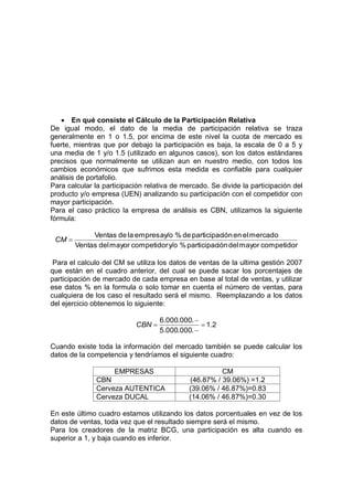  En qué consiste el Cálculo de la Participación Relativa
De igual modo, el dato de la media de participación relativa se traza
generalmente en 1 o 1.5, por encima de este nivel la cuota de mercado es
fuerte, mientras que por debajo la participación es baja, la escala de 0 a 5 y
una media de 1 y/o 1.5 (utilizado en algunos casos), son los datos estándares
precisos que normalmente se utilizan aun en nuestro medio, con todos los
cambios económicos que sufrimos esta medida es confiable para cualquier
análisis de portafolio.
Para calcular la participación relativa de mercado. Se divide la participación del
producto y/o empresa (UEN) analizando su participación con el competidor con
mayor participación.
Para el caso práctico la empresa de análisis es CBN, utilizamos la siguiente
fórmula:
competidormayordeliónparticipac%y/ocompetidormayordelVentas
mercadoeleniónparticipacde%y/oempresaladeVentas
CM
Para el calculo del CM se utiliza los datos de ventas de la ultima gestión 2007
que están en el cuadro anterior, del cual se puede sacar los porcentajes de
participación de mercado de cada empresa en base al total de ventas, y utilizar
ese datos % en la formula o solo tomar en cuenta el número de ventas, para
cualquiera de los caso el resultado será el mismo. Reemplazando a los datos
del ejercicio obtenemos lo siguiente:
2.1
.000.000.5
.000.000.6



CBN
Cuando existe toda la información del mercado también se puede calcular los
datos de la competencia y tendríamos el siguiente cuadro:
EMPRESAS CM
CBN (46.87% / 39.06%) =1.2
Cerveza AUTENTICA (39.06% / 46.87%)=0.83
Cerveza DUCAL (14.06% / 46.87%)=0.30
En este último cuadro estamos utilizando los datos porcentuales en vez de los
datos de ventas, toda vez que el resultado siempre será el mismo.
Para los creadores de la matriz BCG, una participación es alta cuando es
superior a 1, y baja cuando es inferior.
 