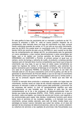 En esta grafica la tasa de crecimiento del un mercado o producto es del 1%,
aunque la empresa o UEN “A”, está en buena posición respecto de su
competencia, este mercado tiene una tasa de crecimiento muy baja, aunque
fueran volúmenes grandes de ventas, el 1% por año es muy poco crecimiento,
para los de BCG uno puede tener un crecimiento entre 0 a 10% para seguir
siendo VACA por encima de esto uno es ESTRELLA, pero cuando se da este
tipo de comportamiento por debajo del 5%, es preocupante esto ha generado
un nuevo paradigma y unas nuevas denominaciones a estos porcentajes tan
bajos, que si se repiten por muchos periodos de tiempo son llamados
ORDEÑADA y/o CANTARO y PULGA, el primero porque al igual que un
cántaro, ancho de barriga y estrecha de cuello, el producto o empresa percibe
ingresos pero el mercado tiene muchos competidores que hacen que la tasa de
crecimiento sea muy baja, lo que se hace en estos casos normalmente es
captar los ingresos de ventas lo más posible (ordeñar), para solventar los
gastos necesarios para mantener el liderazgo en el mercado. Por el otro lado si
uno está en el segmento PERRO, la empresa a parte de no ser líder del
mercado está en uno de poco crecimiento como el de la grafica, por ello se ha
generado la denominación de PULGA debido a que es tan bajo el crecimiento
del mercado y tiene que solventar muchos ingresos para que su ventas suban y
aun así su producto seguirá siendo PERRO, a menos que sea líder de
mercado.
Cuando el mercado tiene productos o empresas que están con bajas tasa de
crecimiento, muchas veces es culpa de las mismas empresas del sector, que
saturaron el mercado o están en plena guerra (alta publicidad y promoción de
las empresas del sector), lo cual no necesariamente significa que este
comportamiento no sea rentable aun. En Bolivia el caso tipo de este
comportamiento se lo da a las empresas de telecomunicaciones hubo un
tiempo que todas las empresas (ENTEL, VIVA, TIGO), entraron en un guerra
de precio, cada una bajaba sus costos de servicio por minuto y por segundo y
los promocionaba para captar más clientes, inicialmente funciono pero ahora
todos tiene el servicios en las ciudades capitales, y el mercado tuvo poco
crecimiento, porque estaba saturado, para salir de estos niveles bajos una
estrategia es buscar nuevos mercados que suban las ventas, en el caso del
ejemplo de las empresas de telecomunicaciones, esto se dio cuando ampliaron
su cobertura de servicios a las capitales de provincias más frecuentadas (Los
 