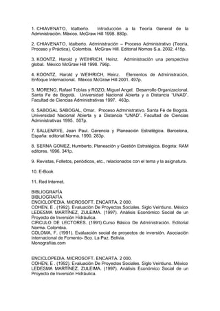 1. CHIAVENATO, Idalberto. Introducción a la Teoría General de la
Administración. México. McGraw Hill 1998. 880p.
2. CHIAVENATO, Idalberto. Administración – Proceso Administrativo (Teoría,
Proceso y Práctica). Colombia. McGraw Hill. Editorial Nomos S.a. 2002. 415p.
3. KOONTZ, Harold y WEIHRICH, Heinz. Administración una perspectiva
global. México McGraw Hill 1998. 796p.
4. KOONTZ, Harold y WEIHRICH, Heinz. Elementos de Administración,
Enfoque Internacional. México McGraw Hill 2001. 497p.
5. MORENO, Rafael Tobías y ROZO, Miguel Angel. Desarrollo Organizacional.
Santa Fe de Bogotá. Universidad Nacional Abierta y a Distancia “UNAD”.
Facultad de Ciencias Administrativas 1997. 463p.
6. SABOGAL SABOGAL, Omar. Proceso Administrativo. Santa Fé de Bogotá.
Universidad Nacional Abierta y a Distancia “UNAD”. Facultad de Ciencias
Administrativas 1995. 507p.
7. SALLENAVE, Jean Paul. Gerencia y Planeación Estratégica. Barcelona,
España: editorial Norma. 1990. 283p.
8. SERNA GOMEZ, Humberto. Planeación y Gestión Estratégica. Bogota: RAM
editores. 1996. 341p.
9. Revistas, Folletos, periódicos, etc., relacionados con el tema y la asignatura.
10. E-Book
11. Red Internet.
BIBLIOGRAFÍA
BIBLIOGRAFÍA
ENCICLOPEDIA. MICROSOFT. ENCARTA. 2 000.
COHEN, E . (1992). Evaluación De Proyectos Sociales. Siglo Veintiuno. México
LEDESMA MARTÍNEZ, ZULEIMA. (1997). Análisis Económico Social de un
Proyecto de Inversión Hidráulica.
CIRCULO DE LECTORES. (1991).Curso Básico De Administración. Editorial
Norma. Colombia.
COLOMA, F. (1991). Evaluación social de proyectos de inversión. Asociación
Internacional de Fomento- Bco. La Paz. Bolivia.
Monografías.com
ENCICLOPEDIA. MICROSOFT. ENCARTA. 2 000.
COHEN, E . (1992). Evaluación De Proyectos Sociales. Siglo Veintiuno. México
LEDESMA MARTÍNEZ, ZULEIMA. (1997). Análisis Económico Social de un
Proyecto de Inversión Hidráulica.
 