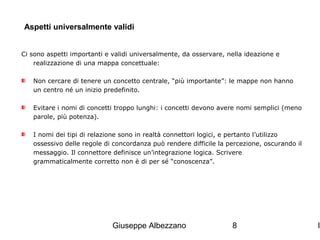 Aspetti universalmente validi
Ci sono aspetti importanti e validi universalmente, da osservare, nella ideazione e
realizzazione di una mappa concettuale:
Non cercare di tenere un concetto centrale, “più importante”: le mappe non hanno
un centro né un inizio predefinito.
Evitare i nomi di concetti troppo lunghi: i concetti devono avere nomi semplici (meno
parole, più potenza).
I nomi dei tipi di relazione sono in realtà connettori logici, e pertanto l’utilizzo
ossessivo delle regole di concordanza può rendere difficile la percezione, oscurando il
messaggio. Il connettore definisce un’integrazione logica. Scrivere
grammaticalmente corretto non è di per sé “conoscenza”.

Giuseppe Albezzano

8

I

 