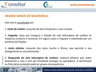 Mod.CF.066/01
22
REGRAS GERAIS DE SEGURANÇA:
Este veio é constituído por:
1. Junta de cardan: conjunto de duas forquetas e uma cruzeta;
2. Linguete: peça que assegura a fixação do veio telescópico de cardans às
máquinas (motora e recetora). Em alguns casos o linguete é substituído por um
parafuso de fixação;
3. Junta elástica: conjunto dos veios macho e fêmea, que permite o seu
alongamento ou encurtamento;
4. Resguardo do veio telescópico de cardans: material plástico que cobre
totalmente o veio e tem por finalidade proteger os operadores. A danificação
ou falta desta proteção pode ter graves consequências.
 