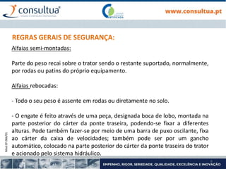 Mod.CF.066/01
6
REGRAS GERAIS DE SEGURANÇA:
Alfaias semi-montadas:
Parte do peso recai sobre o trator sendo o restante suportado, normalmente,
por rodas ou patins do próprio equipamento.
Alfaias rebocadas:
- Todo o seu peso é assente em rodas ou diretamente no solo.
- O engate é feito através de uma peça, designada boca de lobo, montada na
parte posterior do cárter da ponte traseira, podendo-se fixar a diferentes
alturas. Pode também fazer-se por meio de uma barra de puxo oscilante, fixa
ao cárter da caixa de velocidades; também pode ser por um gancho
automático, colocado na parte posterior do cárter da ponte traseira do trator
e acionado pelo sistema hidráulico.
 