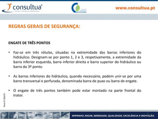 Mod.CF.066/01
7
REGRAS GERAIS DE SEGURANÇA:
ENGATE DE TRÊS PONTOS
• Faz-se em três rótulas, situadas na extremidade das barras inferiores do
hidráulico. Designam-se por ponto 1, 2 e 3, respetivamente, a extremidade da
barra inferior esquerda, barra inferior direita e barra superior do hidráulico ou
barra do 3º ponto.
• As barras inferiores do hidráulico, quando necessário, podem unir-se por uma
barra transversal e perfurada, denominada barra de puxo ou barra de engate.
• O engate de três pontos também pode estar montado na parte frontal do
trator.
 