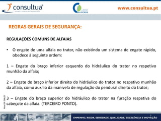 Mod.CF.066/01
8
REGRAS GERAIS DE SEGURANÇA:
REGULAÇÕES COMUNS DE ALFAIAS
• O engate de uma alfaia no trator, não existindo um sistema de engate rápido,
obedece à seguinte ordem:
1 – Engate do braço inferior esquerdo do hidráulico do trator no respetivo
munhão da alfaia;
2 – Engate do braço inferior direito do hidráulico do trator no respetivo munhão
da alfaia, como auxílio da manivela de regulação do pendural direito do trator;
3 – Engate do braço superior do hidráulico do trator na furação respetiva do
cabeçote da alfaia. (TERCEIRO PONTO).
 