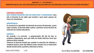 CRETERIOS VARIABLES
QUE TENGAN RELACIÓN CON LOS OBJETIVOS Y CAPACIDADES. Para
ello el docente ha de saber qué enseñar y qué serán capaces de
hacer los estudiantes.
IMPORTANCIA:
Es necesario la capacidad de dominio de escena del docente, y para
saber enseñar, el docente debe realizar y dominar varias técnicas de
selección de medios educativos.
EJEMPLO:
De acuerdo a la currícula y programación del día de hoy, se
empleara diapositivas, pero por falta de fluido eléctrico tiene que
obviarse dicho método.
Entonces el docente tendrá que cambiar la selección de métodos y
empleara pizarra, para ello deberá contar siempre con un data bank
donde tendrá temas auxiliares referentes al tema.
Callao 29/ 07/2016 1-10
 
