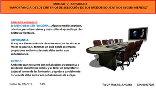 CRITERIOS VARIABLES
EL MEDIO DEBE SER FUNCIONAL. Algunos medios motivan,
orientan, permiten retener y desarrollar el aprendizaje y las
destrezas mentales.
IMPORTANCIA:
Si hay una disconcordancia de elementos, en las clases es
mejor no usarlo, si tenemos un aula donde se emplea
proyectores audio visuales esta debe contar con
señalizaciones.
EJEMPLO:
Ambiente que no cuente con señalización, es propenso a
accidentes durante los sismos, y al tener un proyector se
bajara el lumen de las luminarias, y quedara parcialmente
oscuro esta debe contar con señalizaciones de escape.
Callao 29/ 07/2016 7-10
 