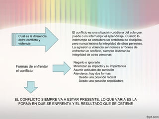 Cual es la diferencia
entre conflicto y
violencia
El conflicto es una situación cotidiana del aula que
puede o no interrumpir el aprendizaje. Cuando lo
interrumpe se considera un problema de disciplina,
pero nunca lesiona la integridad de otras personas.
La agresión y violencia son formas erróneas de
enfrentar un conflicto, siempre lastiman la
integridad de otras personas
Formas de enfrentar
el conflicto
Negarlo o ignorarlo
Minimizar su impacto y su importancia
Asumir actitudes de sumisión
Atenderos: hay dos formas
Desde una posición radical
Desde una posición conciliadora
EL CONFLICTO SIEMPRE VA A ESTAR PRESENTE, LO QUE VARIA ES LA
FORMA EN QUE SE ENFRENTA Y EL RESULTADO QUE SE OBTIENE
 