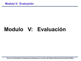 1
Curso en Formulación y Evaluación de Proyectos en el marco del Sistema Nacional de Inversión Pública
Modulo V: Evaluación
Modulo V: Evaluación
 