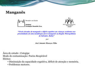Manganês




Área de estudo : Cotegipe
Modo de contaminação: Poeira Respirável
Efeitos:
     • Diminuição da capacidade cognitiva, déficit de atenção e memória.
     • Problemas motores.
 