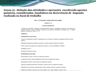 Anexo 13 –Relação das atividades e operações envolvendo agentes
químicos, consideradas, insalubres em decorrência de inspeção
realizada no local de trabalho
 