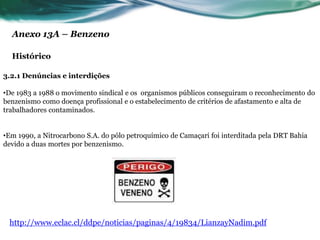 Anexo 13A – Benzeno

  Histórico

3.2.1 Denúncias e interdições

•De 1983 a 1988 o movimento sindical e os organismos públicos conseguiram o reconhecimento do
benzenismo como doença profissional e o estabelecimento de critérios de afastamento e alta de
trabalhadores contaminados.


•Em 1990, a Nitrocarbono S.A. do pólo petroquímico de Camaçari foi interditada pela DRT Bahia
devido a duas mortes por benzenismo.




 http://www.eclac.cl/ddpe/noticias/paginas/4/19834/LianzayNadim.pdf
 