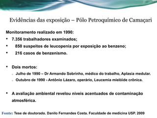 Evidências das exposição – Pólo Petroquímico de Camaçari

  Monitoramento realizado em 1990:
  •   7.356 trabalhadores examinados;
  •       850 suspeitos de leucopenia por exposição ao benzeno;
  •       216 casos de benzenismo.


  •   Dois mortos:
      o   Julho de 1990 – Dr Armando Sobrinho, médico do trabalho, Aplasia medular.
      o   Outubro de 1990 - Antônio Lázaro, operário, Leucemia mielóide crônica.


  •   A avaliação ambiental revelou níveis acentuados de contaminação
      atmosférica.


Fonte: Tese de doutorado. Danilo Fernandes Costa. Faculdade de medicina USP. 2009
 