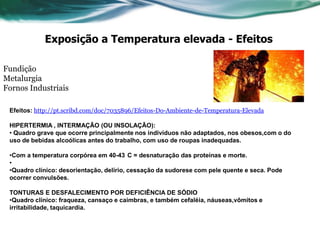 Exposição a Temperatura elevada - Efeitos

Fundição
Metalurgia
Fornos Industriais

 Efeitos: http://pt.scribd.com/doc/7035896/Efeitos-Do-Ambiente-de-Temperatura-Elevada

 HIPERTERMIA , INTERMAÇÃO (OU INSOLAÇÃO):
 • Quadro grave que ocorre principalmente nos indivíduos não adaptados, nos obesos,com o do
 uso de bebidas alcoólicas antes do trabalho, com uso de roupas inadequadas.

 •Com a temperatura corpórea em 40-43 C = desnaturação das proteínas e morte.
 •
 •Quadro clínico: desorientação, delírio, cessação da sudorese com pele quente e seca. Pode
 ocorrer convulsões.

 TONTURAS E DESFALECIMENTO POR DEFICIÊNCIA DE SÓDIO
 •Quadro clínico: fraqueza, cansaço e caimbras, e também cefaléia, náuseas,vômitos e
 irritabilidade, taquicardia.
 