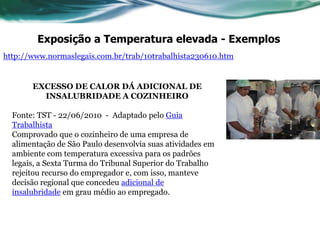Exposição a Temperatura elevada - Exemplos
http://www.normaslegais.com.br/trab/10trabalhista230610.htm


       EXCESSO DE CALOR DÁ ADICIONAL DE
         INSALUBRIDADE A COZINHEIRO

  Fonte: TST - 22/06/2010 - Adaptado pelo Guia
  Trabalhista
  Comprovado que o cozinheiro de uma empresa de
  alimentação de São Paulo desenvolvia suas atividades em
  ambiente com temperatura excessiva para os padrões
  legais, a Sexta Turma do Tribunal Superior do Trabalho
  rejeitou recurso do empregador e, com isso, manteve
  decisão regional que concedeu adicional de
  insalubridade em grau médio ao empregado.
 