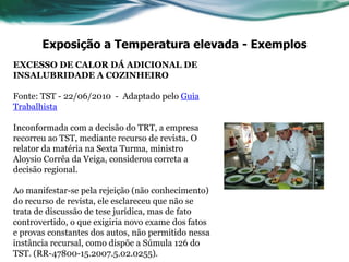 Exposição a Temperatura elevada - Exemplos
EXCESSO DE CALOR DÁ ADICIONAL DE
INSALUBRIDADE A COZINHEIRO

Fonte: TST - 22/06/2010 - Adaptado pelo Guia
Trabalhista

Inconformada com a decisão do TRT, a empresa
recorreu ao TST, mediante recurso de revista. O
relator da matéria na Sexta Turma, ministro
Aloysio Corrêa da Veiga, considerou correta a
decisão regional.

Ao manifestar-se pela rejeição (não conhecimento)
do recurso de revista, ele esclareceu que não se
trata de discussão de tese jurídica, mas de fato
controvertido, o que exigiria novo exame dos fatos
e provas constantes dos autos, não permitido nessa
instância recursal, como dispõe a Súmula 126 do
TST. (RR-47800-15.2007.5.02.0255).
 