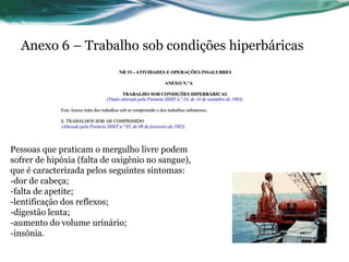 Anexo 6 – Trabalho sob condições hiperbáricas




Pessoas que praticam o mergulho livre podem
sofrer de hipóxia (falta de oxigênio no sangue),
que é caracterizada pelos seguintes sintomas:
-dor de cabeça;
-falta de apetite;
-lentificação dos reflexos;
-digestão lenta;
-aumento do volume urinário;
-insônia.
 