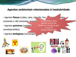 Agentes ambientais relacionados à insalubridade


• Agentes físicos (ruídos, calor, vibração, frio, umidade, radiações
ionizantes e não ionizantes, pressões anormais); a esses
                                        A exposição
                                      agentes acima dos
• Agentes químicos (substâncias na forma de tolerância gera e
                                   limites de gases, vapores
                                           o risco de
aerodispersóides)                     INSALUBRIDADE

• Agentes biológicos (microorganismos).
 