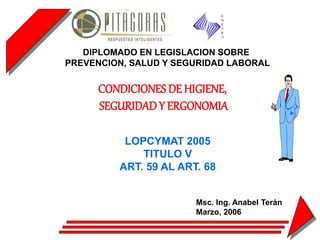 CONDICIONES DE HIGIENE,
SEGURIDADY ERGONOMIA
LOPCYMAT 2005
TITULO V
ART. 59 AL ART. 68
DIPLOMADO EN LEGISLACION SOBRE
PREVENCION, SALUD Y SEGURIDAD LABORAL
Msc. Ing. Anabel Terán
Marzo, 2006
 