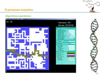 O processo evolutivo
Síntese evolutiva neodarwiniana (neodarwinismo)
Mutação: variação introduzida num ou mais genes (no ADN) de uma célula reprodutora
Selecção natural:
Certas variações no ADN de uma célula reprodutora podem aumentar a aptidão (“fitness”) do novo
ser vivo (quer por reprodução sexuada ou assexuada)
Esse ser vivo mais apto tem maior probabilidade de transmitir o seu ADN para a sua descendência
21
 