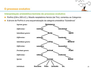 Interpretação aristotélico-tomista do processo evolutivo
As essências (das espécies) não são platónicas: não existem separadamente dos seres vivos
Tal como diz o darwinismo, não há transmutação de essências ou espécies
Tal como diz o darwinismo, não há transmutação de indivíduos
Nada impede, em princípio, mudanças substanciais nos seres vivos
Em Física e em Química, mudanças substanciais ocorrem frequentemente
No entanto, a variação biológica não parece surgir por mudanças substanciais num ser vivo
mas por mutação, cruzamento, deriva genética, entre outros mecanismos biológicos
Como diz o darwinismo, um indivíduo de uma espécie pode gerar, por reprodução com
introdução de variação nos gâmetas, um indivíduo cuja essência já não é idêntica à sua
Assim, o aristotelismo-tomismo é compatível com os dados científicos acerca da evolução
É compatível com a extinção de espécies: a essência de uma espécie é o que ela é, ou o que
ela era, caso se tenha extinto
O aristotelismo-tomismo, com a sua defesa das essências, dá sentido ao termo “espécie”
De outro modo, a interpretação filosófica do processo evolutivo é a de um fluxo heraclitiano
Vista estritamente do ponto de vista genealógico, a “árvore da vida” não oferece uma base
para a definição rigorosa de “espécie” nem para a classificação das espécies (taxonomia)
O processo evolutivo
25
 