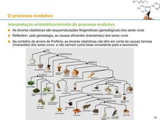 Interpretação aristotélico-tomista do processo evolutivo
Porfírio (234-c.305 d.C.), filósofo neoplatónico fenício (de Tiro), comentou as Categorias
A árvore de Porfírio é uma esquematização da categoria aristotélica “Substância”
O processo evolutivo
26
 