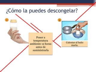 ¿Cómo la puedes descongelar?
Poner a
temperatura
ambiente 12 horas
antes de
suministrarla
Calentar al baño
maría.
1 2
 