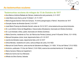 As testemunhas oculares
Testemunhas oculares do milagre de 13 de Outubro de 1917
Ana Maria e Antónia Rafaela da Câmara, testemunho sob juramento, 3-11-1917
João Maria Lúcio Serra, jornal “A Ordem”, 21-11-1917
Maria Augusta Saraiva Vieira de Campos, “A minha peregrinação a Fátima”, Novembro de 1917
Gonçalo Xavier de Almeida Garrett, 3-12-1917
José Maria Proença de Almeida Garrett, antes de 18-12-1917, única testemunha que teria binóculos
Dr. Luís António Vieira de Magalhães e Vasconcelos (Alvaiázere), licenciado em Direito (Coimbra)
Dr. Luís Andrade e Silva, padre, licenciado em Direito (Coimbra)
Maria Caminha, residente na Trav. da Fábrica dos Pentes (Lisboa), jornal “A Guarda” (Porto, 12-1-1918)
Manuel Gonçalves Júnior, local, depoimento feito a 31-12-1917
Jacinto de Almeida Lopes, depoimento feito a 20-12-1917
Olívia Mendes, residente em Leiria, carta ao Bispo de Leiria, 5-6-1922
Manuel da Costa Pereira, carta escrita de Salvaterra de Magos, 3-1-1924, ”A Voz de Fátima” (13-3-1923)
Anónimo, publicada n’”A Voz de Fátima” (13-9-1924), acerca dos acontecimentos de 13 de Agosto
Maria Carreira (“Maria da Capelinha”)
Maria do Carmo da Cruz Menezes
Alfredo da Silva Santos, lisboeta
51
 