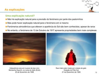 As explicações
Uma explicação natural?
Não há explicação natural para a previsão do fenómeno por parte dos pastorinhos
Mas pode haver explicação natural para o fenómeno em si mesmo
Fenómenos atmosféricos que alteram a aparência do Sol são bem conhecidos, apesar de raros
No entanto, o fenómeno de 13 de Outubro de 1917 apresenta propriedades bem mais complexas
Telephoto photograph obtained 2 min after that in Fig. 2, showing different iridescence effects and a broad, red aureole as the Sun
ind the Oquirrh Mountain Range in northern Utah.
Iridescência rara em nuvens de tipo cirro
Montanha Oquirrh, no norte do Utah (EUA)
25 de Novembro de 1998
Raro halo solar criado por cristais de gelo
Estação do Pólo Sul
21 de Dezembro de 1980 72
 