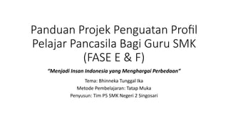 Panduan Projek Penguatan Proﬁl
Pelajar Pancasila Bagi Guru SMK
(FASE E & F)
“Menjadi Insan Indonesia yang Menghargai Perbedaan”
Tema: Bhinneka Tunggal Ika
Metode Pembelajaran: Tatap Muka
Penyusun: Tim P5 SMK Negeri 2 Singosari
 