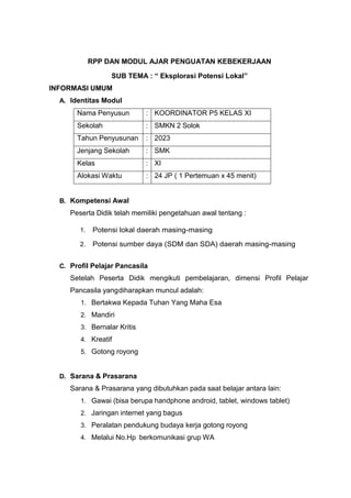 Modul P5 KLS XI Tema Kebekerjaan, sub Tema Eksplorasi Potensi Lokal kls ...