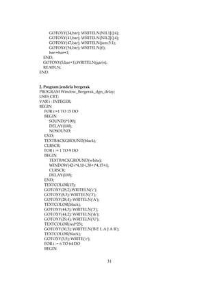 31
GOTOXY(34,bar); WRITELN(NIL1[i]:4);
GOTOXY(41,bar); WRITELN(NIL2[i]:4);
GOTOXY(47,bar); WRITELN(jum:5:1);
GOTOXY(54,bar); WRITELN(tl);
bar:=bar+1;
END;
GOTOXY(5,bar+1);WRITELN(garis);
READLN;
END.
2. Program jendela bergerak
PROGRAM Window_Bergerak_dgn_delay;
USES CRT;
VAR i : INTEGER;
BEGIN
FOR i:=1 TO 15 DO
BEGIN
SOUND(i*100);
DELAY(100);
NOSOUND;
END;
TEXTBACKGROUND(black);
CLRSCR;
FOR i := 1 TO 9 DO
BEGIN
TEXTBACKGROUND(white);
WINDOW(42-i*4,10-i,38+i*4,15+i);
CLRSCR;
DELAY(100);
END;
TEXTCOLOR(15);
GOTOXY(28,2);WRITELN('c');
GOTOXY(8,3); WRITELN('3');
GOTOXY(28,4); WRITELN('A');
TEXTCOLOR(black);
GOTOXY(44,3); WRITELN('3');
GOTOXY(44,2); WRITELN('&');
GOTOXY(29,4); WRITELN('U');
TEXTCOLOR(red*25);
GOTOXY(30,3); WRITELN('B E L A J A R');
TEXTCOLOR(black);
GOTOXY(5,5); WRITE('c');
FOR i := 6 TO 64 DO
BEGIN
 