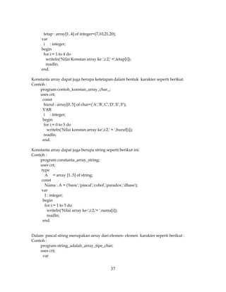 37
tetap : array[1..4] of integer=(7,10,21,20);
var
i : integer;
begin
for i:= 1 to 4 do
writeln('Nilai Konstan array ke ',i:2,' =',tetap[i]);
readln;
end.
Konstanta array dapat juga berupa ketetapan dalam bentuk karakter seperti berikut.
Contoh :
program contoh_konstan_array_char_;
uses crt;
const
huruf : array[0..5] of char=('A','B','C','D','E','F');
VAR
i : integer;
begin
for i:= 0 to 5 do
writeln('Nilai konstan array ke',i:2,' = ',huruf[i]);
readln;
end.
Konstanta array dapat juga berupa string seperti berikut ini.
Contoh :
program constanta_array_string;
uses crt;
type
A = array [1..5] of string;
const
Nama : A = ('basic','pascal','cobol','paradox','dbase');
var
I : integer;
begin
for i:= 1 to 5 do
writeln('Nilai array ke-',i:2,'= ',nama[i]);
readln;
end.
Dalam pascal string merupakan array dari elemen- elemen karakter seperti berikut :
Contoh :
program string_adalah_array_tipe_char;
uses crt;
var
 