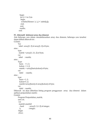 40
begin
for J:= 1 to 2 do
begin
writeln('Elemen ',i,',',j,'= ',tabel[i,j]);
end;
end;
readln;
end.
IV. Alternatif deklarasi array dua dimensi
Ada beberapa cara dalam mendeklarasikan array dua dimensi, beberapa cara tersebut
dapat dilihat dibawah ini :
Contoh :
Var
tabel : array[1..3] of array[1..2] of byte;
atau :
type
matrik = array[1..3,1..2] of byte;
var
tabel : matrik;
atau :
Type
baris = 1..3;
kolom = 1..2;
matrik = array[baris,kolom] of byte;
var
tabel : matrik;
atau :
type
baris = 1..3;
kolom=1..2;
matrik=array[baris] of array[kolom] of byte;
var
tabel : matrik;
Dibawah ini akan diberikan listing program penggunaan array dua dimensi dalam
aplikasi penjumlahan matrik :
Contoh:
Program Penjumlahan_matrik;
uses crt;
var
matrik1,matrik2
, hasil : array[1..3,1..2] of integer;
i,j : integer;
begin
clrscr;
 