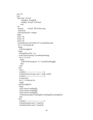 47
uses crt;
type
data_brg = record
namaBrg : string[15];
unitBrg : array[1..3] of byte;
end;
var
Barang : array[1..10] of data_brg;
i,j,banyak,
Jum1,jum2,jum3 : integer;
begin
jum1 :=0;
jum2 :=0;
jum3 :=0;
write('Banyak record Max 10 =');readln(banyak);
for i:= 1 to banyak do
begin
with barang[i] do
begin
writeln('Record ke -',i);
write('Nama barang =');readln(namabrg);
for j:= 1 to 3 do
begin
write('Unit barang ke- ',j,'= ');readln(unitbrg[j]);
end;
end;
end;
clrscr;
writeln('---------------------------------');
writeln('Nama barang unit 1 unit2 unit3');
writeln('---------------------------------');
{ cetak data }
for i:= 1 to banyak do
begin
with barang[i] do
begin
jum1:=jum1+unitbrg[1];
jum2:=jum2+unitbrg[2];
jum3:=jum3+unitbrg[3];
writeln(namabrg:15,unitbrg[1]:5,unitbrg[2]:5,unitbrg[3]:5);
end;
end;
writeln('---------------------------------');
writeln('Jumlah unit 1 =',jum1:6);
writeln('Jumlah unit 2 =',jum2:6);
 