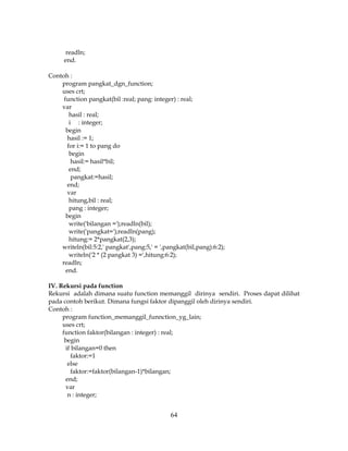 64
readln;
end.
Contoh :
program pangkat_dgn_function;
uses crt;
function pangkat(bil :real; pang: integer) : real;
var
hasil : real;
i : integer;
begin
hasil := 1;
for i:= 1 to pang do
begin
hasil:= hasil*bil;
end;
pangkat:=hasil;
end;
var
hitung,bil : real;
pang : integer;
begin
write('bilangan =');readln(bil);
write('pangkat=');readln(pang);
hitung:= 2*pangkat(2,3);
writeln(bil:5:2,' pangkat',pang:5,' = ',pangkat(bil,pang):6:2);
writeln('2 * (2 pangkat 3) =',hitung:6:2);
readln;
end.
IV. Rekursi pada function
Rekursi adalah dimana suatu function memanggil dirinya sendiri. Proses dapat dilihat
pada contoh berikut. Dimana fungsi faktor dipanggil oleh dirinya sendiri.
Contoh :
program function_memanggil_funnction_yg_lain;
uses crt;
function faktor(bilangan : integer) : real;
begin
if bilangan=0 then
faktor:=1
else
faktor:=faktor(bilangan-1)*bilangan;
end;
var
n : integer;
 