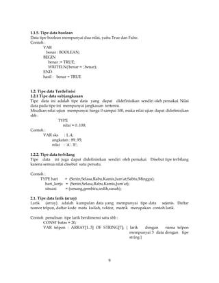 9
1.1.5. Tipe data boolean
Data tipe boolean mempunyai dua nilai, yaitu True dan False.
Contoh :
VAR
benar : BOOLEAN;
BEGIN
benar := TRUE;
WRITELN('benar = ',benar);
END.
hasil : benar = TRUE
1.2. Tipe data Terdefinisi
1.2.1 Tipe data subjangkauan
Tipe data ini adalah tipe data yang dapat didefinisikan sendiri oleh pemakai. Nilai
data pada tipe ini mempunyai jangkauan tertentu.
Misalkan nilai ujian mempunyai harga 0 sampai 100, maka nilai ujian dapat didefinisikan
sbb :
TYPE
nilai = 0..100;
Contoh :
VAR sks : 1..4;
angkatan : 89..95;
nilai : 'A'..'E';
1.2.2. Tipe data terbilang
Tipe data ini juga dapat didefinisikan sendiri oleh pemakai. Disebut tipe terbilang
karena semua nilai disebut satu persatu.
Contoh :
TYPE hari = (Senin,Selasa,Rabu,Kamis,Jum'at,Sabtu,Minggu);
hari_kerja = (Senin,Selasa,Rabu,Kamis,Jum'at);
situasi = (senang,gembira,sedih,susah);
2.1. Tipe data larik (array)
Larik (array) adalah kumpulan data yang mempunyai tipe data sejenis. Daftar
nomor telpon, daftar kode mata kuliah, vektor, matrik merupakan contoh larik.
Contoh penulisan tipe larik berdimensi satu sbb :
CONST batas = 20;
VAR telpon : ARRAY[1..3] OF STRING[7]; { larik dengan nama telpon
mempunyai 3 data dengan tipe
string }
 