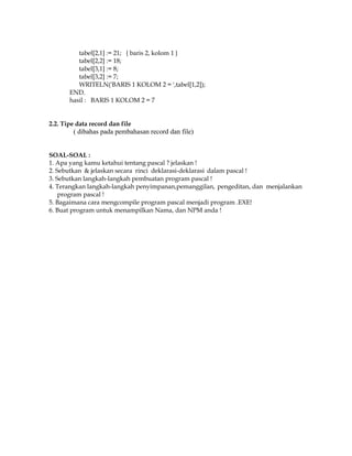 tabel[2,1] := 21; { baris 2, kolom 1 }
tabel[2,2] := 18;
tabel[3,1] := 8;
tabel[3,2] := 7;
WRITELN('BARIS 1 KOLOM 2 = ',tabel[1,2]);
END.
hasil : BARIS 1 KOLOM 2 = 7

2.2. Tipe data record dan file

( dibahas pada pembahasan record dan file)
SOAL-SOAL :
1. Apa yang kamu ketahui tentang pascal ? jelaskan !
2. Sebutkan & jelaskan secara rinci deklarasi-deklarasi dalam pascal !
3. Sebutkan langkah-langkah pembuatan program pascal !
4. Terangkan langkah-langkah penyimpanan,pemanggilan, pengeditan, dan menjalankan
program pascal !
5. Bagaimana cara mengcompile program pascal menjadi program .EXE!
6. Buat program untuk menampilkan Nama, dan NPM anda !

 