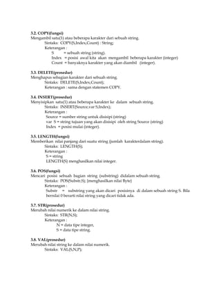 3.2. COPY(fungsi)
Mengambil satu(1) atau beberapa karakter dari sebuah string.
Sintaks: COPY(S,Index,Count) : String;
Keterangan :
S
= sebuah string (string).
Index = posisi awal kita akan mengambil beberapa karakter (integer)
Count = banyaknya karakter yang akan diambil (integer).
3.3. DELETE(prosedur)
Menghapus sebagian karakter dari sebuah string.
Sintaks: DELETE(S,Index,Count);
Keterangan : sama dengan statemen COPY.
3.4. INSERT(prosedur)
Menyisipkan satu(1) atau beberapa karakter ke dalam sebuah string.
Sintaks: INSERT(Source,var S,Index);
Keterangan :
Source = sumber string untuk disisipi (string)
var S = string tujuan yang akan disisipi oleh string Source (string)
Index = posisi mulai (integer).
3.5. LENGTH(fungsi)
Memberikan nilai panjang dari suatu string (jumlah karakterdalam string).
Sintaks: LENGTH(S);
Keterangan :
S = string
LENGTH(S) menghasilkan nilai integer.
3.6. POS(fungsi)
Mencari posisi sebuah bagian string (substring) didalam sebuah string.
Sintaks: POS(Substr,S); {menghasilkan nilai Byte}
Keterangan :
Substr = substring yang akan dicari posisinya di dalam sebuah string S. Bila
bernilai 0 berarti nilai string yang dicari tidak ada.
3.7. STR(prosedur)
Merubah nilai numerik ke dalam nilai string.
Sintaks: STR(N,S);
Keterangan :
N = data tipe integer,
S = data tipe string.
3.8. VAL(prosedur)
Merubah nilai string ke dalam nilai numerik.
Sintaks: VAL(S,N,P);

 