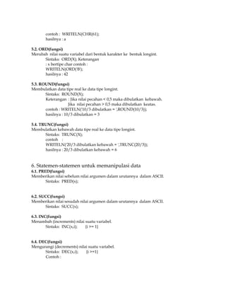 contoh : WRITELN(CHR(61);
hasilnya : a
5.2. ORD(fungsi)
Merubah nilai suatu variabel dari bentuk karakter ke bentuk longint.
Sintaks: ORD(X); Keterangan
: x bertipe char contoh :
WRITELN(ORD('B');
hasilnya : 42
5.3. ROUND(fungsi)
Membulatkan data tipe real ke data tipe longint.
Sintaks: ROUND(X);
Keterangan : Jika nilai pecahan < 0,5 maka dibulatkan kebawah.
Jika nilai pecahan > 0,5 maka dibulatkan keatas.
contoh : WRITELN('10/3 dibulatkan = ',ROUND(10/3));
hasilnya : 10/3 dibulatkan = 3
5.4. TRUNC(fungsi)
Membulatkan kebawah data tipe real ke data tipe longint.
Sintaks: TRUNC(X);
contoh :
WRITELN('20/3 dibulatkan kebawah = ',TRUNC(20/3));
hasilnya : 20/3 dibulatkan kebawah = 6

6. Statemen-statemen untuk memanipulasi data
6.1. PRED(fungsi)
Memberikan nilai sebelum nilai argumen dalam urutannya dalam ASCII.
Sintaks: PRED(x);

6.2. SUCC(fungsi)
Memberikan nilai sesudah nilai argumen dalam urutannya dalam ASCII.
Sintaks: SUCC(x);
6.3. INC(fungsi)
Menambah (increments) nilai suatu variabel.
Sintaks: INC(x,i);
{i >= 1}

6.4. DEC(fungsi)
Mengurangi (decrements) nilai suatu variabel.
Sintaks: DEC(x,i);
{i >=1}
Contoh :

 