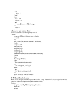 var
nilai : Y;
Atau :
const
atas =1;
bawah = 5;
type
y = array[atas..bawah] of integer;
var
nilai : y;
I. Deklarasi type indeks skalar
Indeks dari larik dapat berupa tipe skalar.
Contoh :
program deklarasi_indeks_array_skalar;
uses crt;
var
jum : array[(jan,feb,mar,apr,mei)] of integer;
begin
jum[jan]:=25;
jum[feb]:=45;
jum[mar]:=21;
jum[apr]:=23;
jum[mei]:=50;
writeln('Jumlah nilai bulan maret =',jum[mar]);
readln;
end.
dapat juga ditulis :
type
bln = (jan,feb,mar,apr,mei);
Var
jum : array[bln] of integer;
atau :
type
bln =(jan,feb,mar,apr,mei);
var
jum : array[jan..mei] of integer;
II. Deklarasi konstanta array
Array tidak hanya dapat berupa suatu varibel yang dideklarasikan di bagian deklarasi
variabel, tetapi dapat juga berupa konstanta (const).
Contoh :
program contoh_deklarasi_array_konstan;
uses crt;
const

 